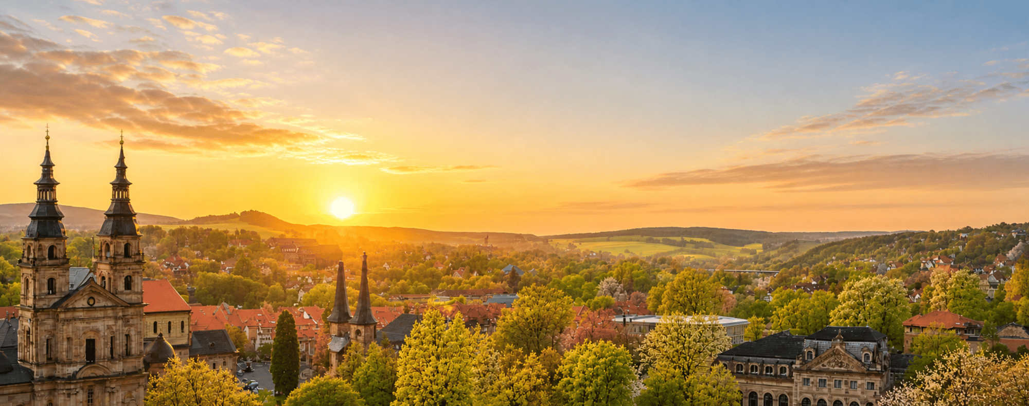 Fulda an einem Frühlingsmorgen bei Sonnenaufgang