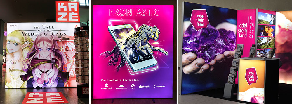Bunte und detailreiche Zeichnungen sowie Fotos sind Dankbare Motive für Ihren LED Messestand. Duruch die Hinterleuchtung werden sie so zum absoluten Blickfang