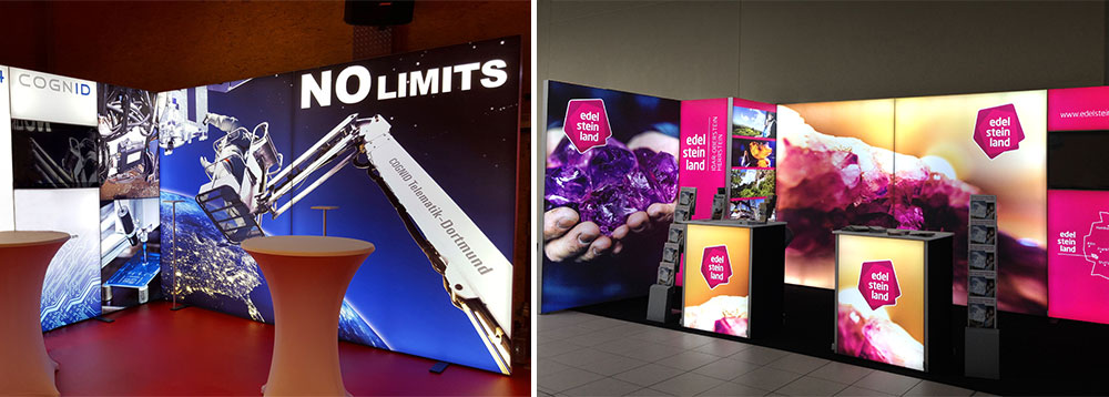 Nahtlose Motivübergänge bei einem LED Messestand schaffen einen spannenden Look und geben Raum und Tiefe