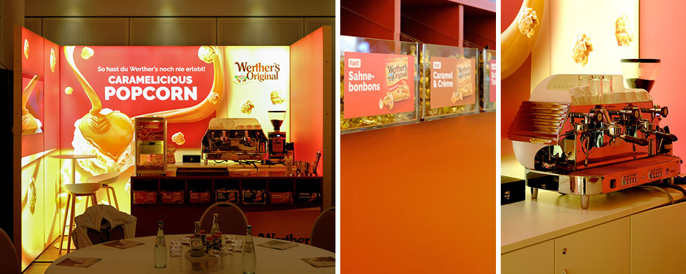 Werthers Original Messestand mit LUMIN LED Messewänden und Sonderbautheke