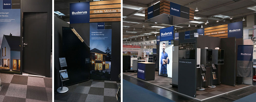 Buderus Messestand auf der infa 2018 mit konvetionellem Messebau und beleuchteten Akzenten