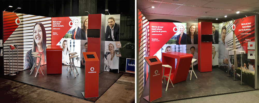 Der Vodafone Messestand ist kompakt und wandelbar, perfekt für einen vielseitigen Messeeinsatz