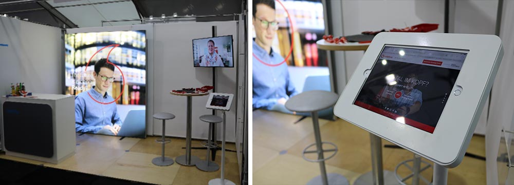 LED-Messerückwand und TV-Modul, sowie Tablet machen neugierig und locken Besucher an den Messestand