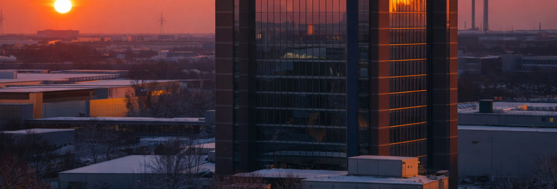Messe in Hannover bei Sonnenuntergang